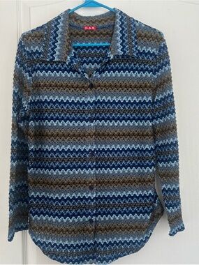 Gas G A S vintage Y2K Navy, Light Blue & Brown Chevron Knit Button-Down Shirt